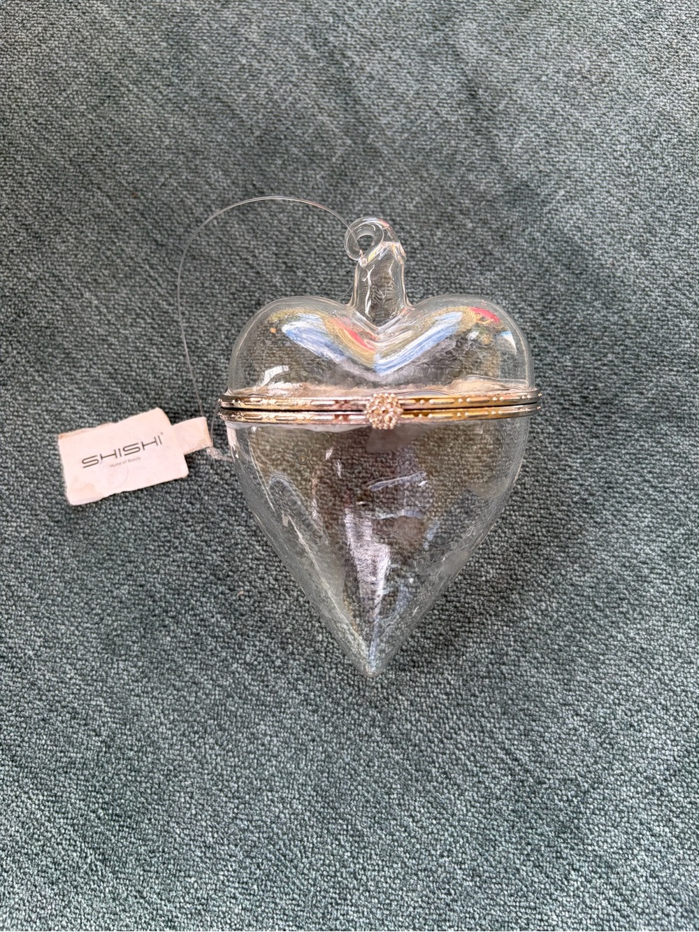 Shishi Clear Glass Hinged Keepsake Fillable Heart Ornament with Metal Trim